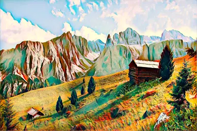 £6.75 • Buy Mountain Trees Cabin Painting Style Canvas Picture Poster Print Unframed #2213