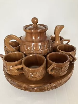 Vintage Monkey Pod Teapot 8 Cups Lazy Susan Wood Boho Hawaiian • $55