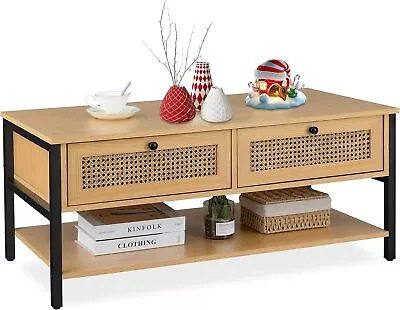 Mid Century Modern Coffee Table With Natural Rattan Drawers Boho Coffee Table S • $149.49