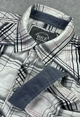 BKE Buckle Men's Shirt L Blue Black White Plaid Western Pearl Snap Flip Cuffs LG • $29.87