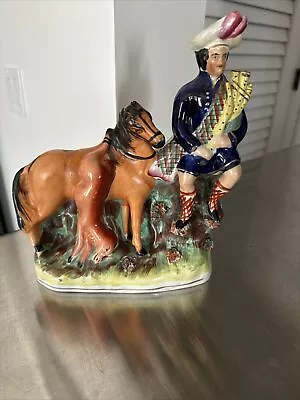 10” Staffordshire Figure Group Equestrian Hunter Horse Highland Bagpipes 1850 • $650