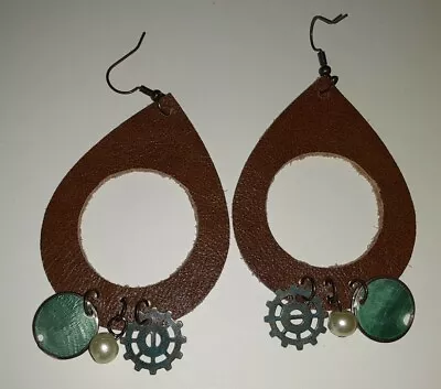 Steampunk  Gear Genuine Leather Teardrop With Seashell  • $9