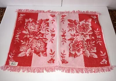 Pair Of Vintage Martex Luxor Red & Pink Floral Pattern Hand Towels W/ Fringe  • $24.99
