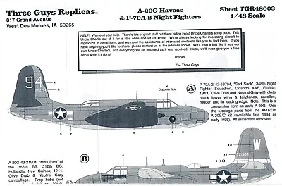 1/48 Three Guys Replicas (TGR48003) A-20G Havocs • $12.99