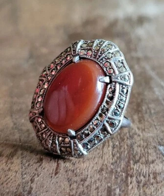 $20 • Buy Antique Sterling Silver, Carnelian & Marcasite Ring Size 5.5