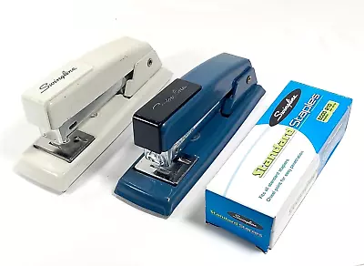 Vintage Swingline  711 Staplers USA Beige & Blue 5   W/ Box Of Staples Set Of 3 • $7