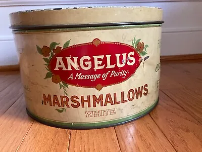 Vintage Angelus Marshmallows Tin Antique Canister 5 Lbs - 10” Diameter 6” Tall • $149.99