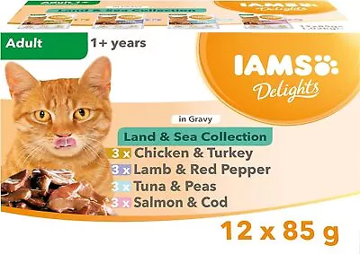 IAMS Delights Complete Wet Cat Food For Adult 1+ Cats Meat 85 G (Pack Of 12)  • £7.99