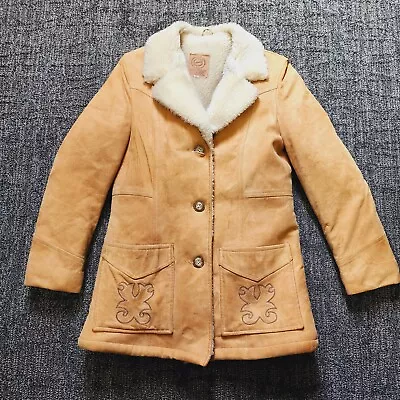 Vintage Stetson Leather Sherpa Womens Medium Coat Western Embroidered Pockets • $62