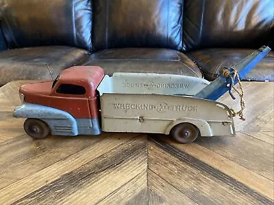Vintage Metal Buddy L Wrecking Truck Tow Truck W/ Wooden Wheels & Winch 19” • $149.95