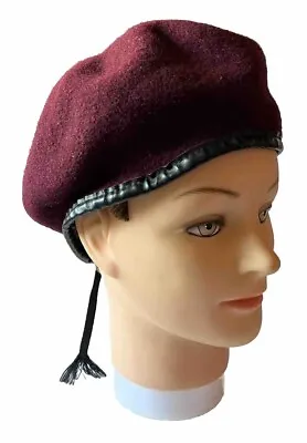 Maroon Bancroft Cap Beret Military Issue No Size 9.5  X 8  Black Leather Trim • $13.20