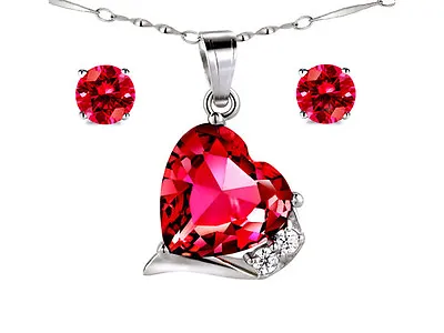 Simulated Ruby Pendant Necklace & Earring Set Sterling Silver W/ 18 Inches Chain • $51.99