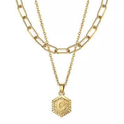 Womens 2-Layered Gold Plated Hexagon Initial Necklace Paperclip Link Chain Xmas • $10.99