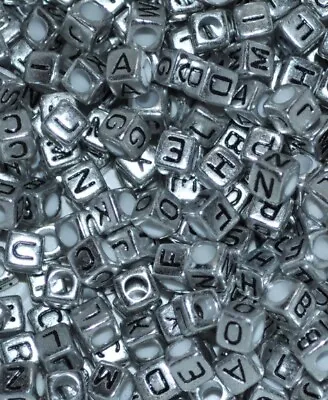 500pcs 6mm Cube Silver Colour  Mixed Letters Acrylic  Alphabets Beads • £4.99
