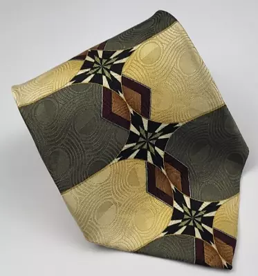 Martin Wong Screenplay Silk Tie Green Beige Brown Black Geometric Men 56 X 3.7/8 • $11.24