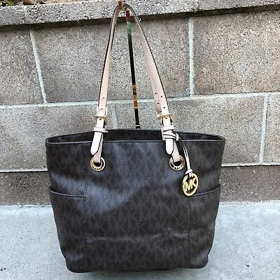 MICHAEL KORS Jet Set Signature Tote Purse Top Shoulder Hand Bag Monogram Brown • $49.89