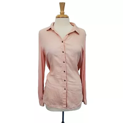 Calvin Klein Womens Linen Button Up Shirt Top Size M Pink Roll Tab Sleeve Casual • $20.74