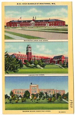 MANITOWOC WI High Schools Multiview Washington Lincoln Wilson Wisconsin Postcard • $4.99