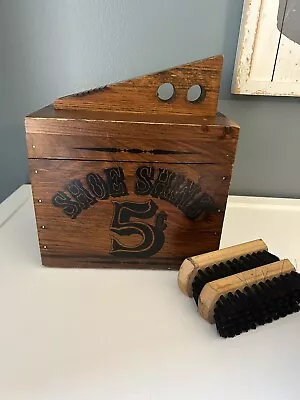 Wooden Shoe Shine Box 5 Cent With Foot Rest Brass Latch Hinges Brush VTG 1950’s • $34