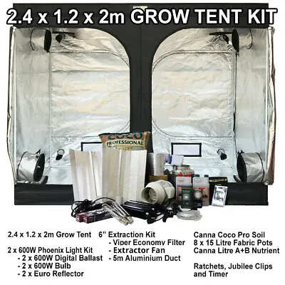 600W 2.4 X 1.2m Grow Tent Kit Inc Digital Grow Lights & Extraction Kit • £359.99