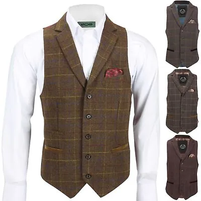 Mens Tweed Check Waistcoat Vintage Herringbone VelvetCollar Lapel Slim Fit Vest • £31.99