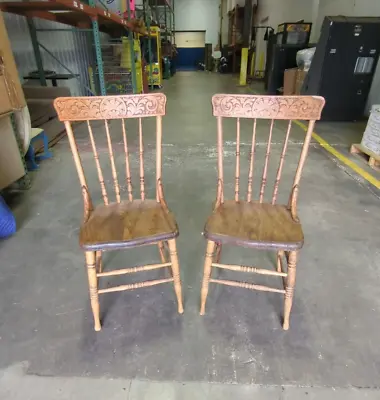 PAIR Of Antique Pressback Oak Turned Wood Spindle Side Chairs STANDARD CHAIR CO. • $585