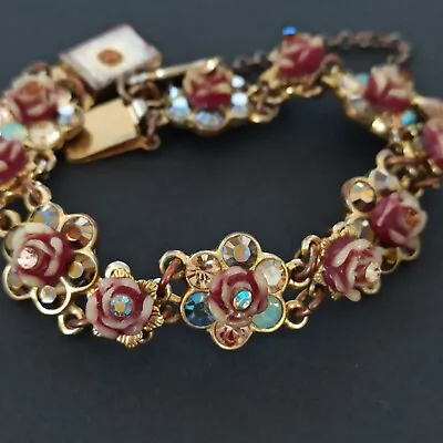 Michal Negrin Bracelet Carved Roses With Swarovski Crystals Colorful Victorian • $78.40