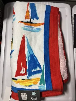 100% Cotton Martha Stewart Collection Ships Velour Beach Towel New 38x68” • $27.88