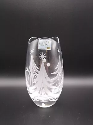 Mikasa Crystal CHRISTMAS TREE VASE  5  Tall  Scalloped Rim Etched Clear Glass • $12