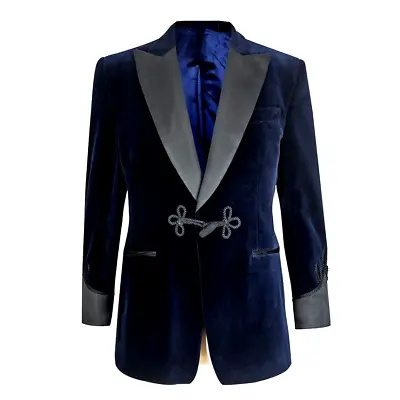 Blue Smoking Jacket Mens Velvet Blazer Wedding Party Wear Dinner Frog Coat • $179