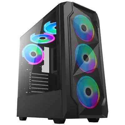 Meshed Gaming PC Computer Case Mid Tower ATX Tempered Glass 6x RGB LED Ring Fans • £48.50