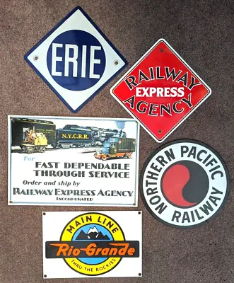 5 Train Metal Signs Railroad Erie Rio Grande No Pacific RR Express Agency Vtg • $75