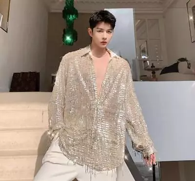 Men's Youth 2024 Fashion Glitter Sequin Tassel Long Sleeves Casual Shirt  • $40.03