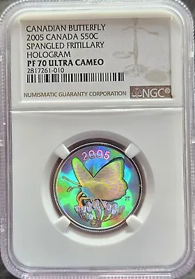 (TOP POP ) 2005 Canada Silver 50C Hologram Spangled Fritillary Butterfly NGC 70 • $89