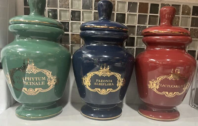 $85 • Buy VINTAGE CERAMIC APOTHECARY JARS - Set 3 - Witch- Naturopathy Stash Jar Latin