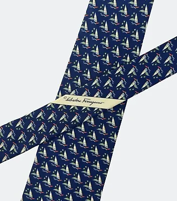 Salvatore Ferragamo Tie Boat Print Silk Blue Necktie Width 3 5/8  • $19.99