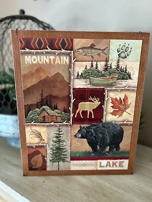 Mountain Lake Bear Deer Cabin Rustic Nature Wildlife Home Decor Wooden Sign • $11.99