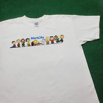 Vintage Peanuts Shirt Mens XL White Charlie Brown Spell Out Metlife Logo Y2K Tee • $18.71