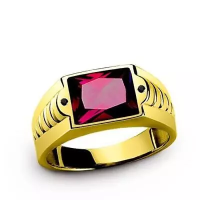 Men's Red Ruby Ring In 10K SOLID Fine Yellow GOLD With 2 Onyx Gemstone Accents • $519
