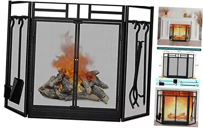 Amagabeli Garden Home 3 Panel Folding Fireplace Screen With Doors Large Black • $130.16
