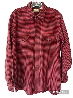 VTG LL Bean Wool Flannel Houndstooth Red Black Button Down Shirt XL USA Moth • $9.99