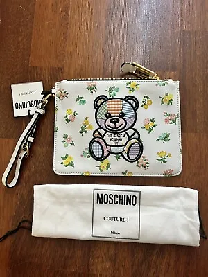 NWT Moschino Teddy Bear Embroidery Canvas Leather Wristlet Pouch Bag Handbag • $355