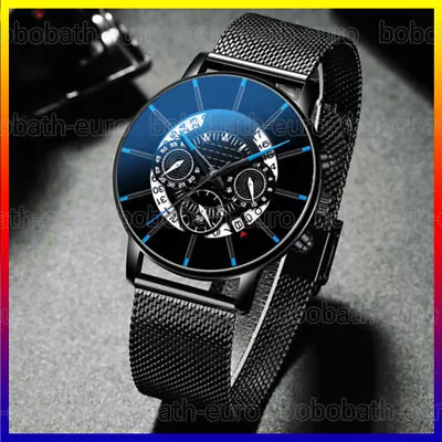 Men's Business Fashion Watch With Stainless Steel Strap Silver & Black Quartz UK • £4.99