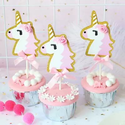 Pink And Gold Glitter Unicorn Cupcake Cake Toppers Food Picks Party Decorations • $11.95