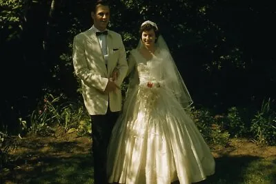 Kodak 35mm Slide 1950s Red Border Kodachrome Bride And Groom In Garden • £18.99