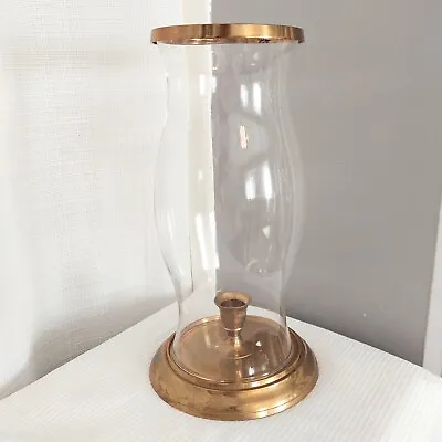 Vtg Glass Hurricane Candle Holder Brass Base Top Ring Taper Table Top 12.5”  • $35