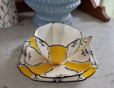 £74 • Buy Rare Art Deco Shelley Queen Anne Shape Trio - Cup, Saucer & Plate Yellow/black