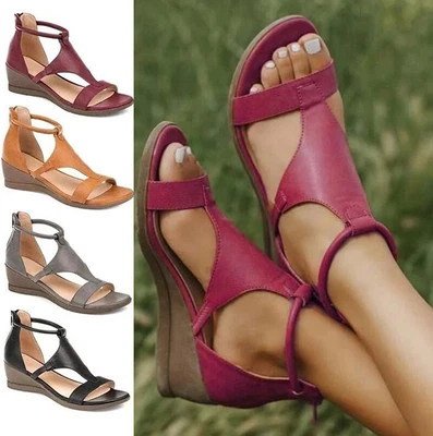 Womens T-Thong Ankle Strap Flat Sandals Ladies Summer Gladiator Beach Shoes UK • £10.99