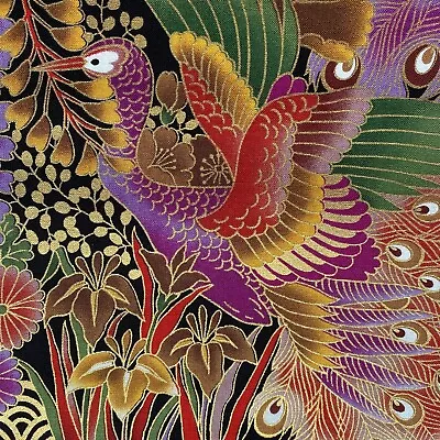 Japanese Metallic Peacock Print 100% Craft Cotton Fabric For Crafting Sewing UK • £17.75