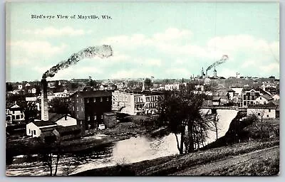 Mayville Wisconsin~Birds-Eye View~Town & Rock River~Smoke Stacks~c1910 Postcard • $11.99